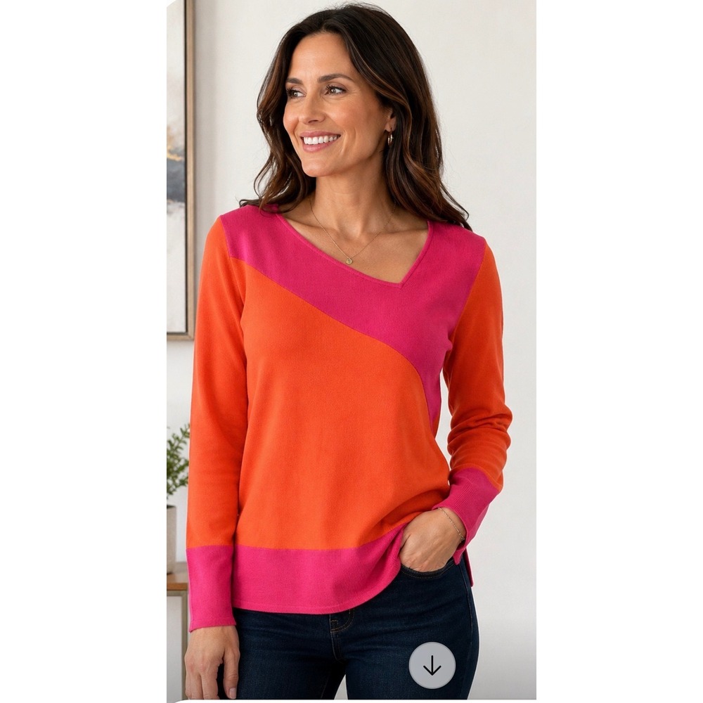 Cable & Gauge Womens Orange Pink‎ Colorblock Asymmetric V-Neck Sweater XL